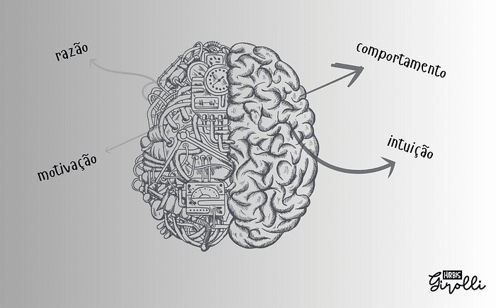 Diagrama do cérebro financeiro com suas quatro divisões — razão e motivação no hemisfério mecânico, comportamento e intuição no hemisfério orgânico