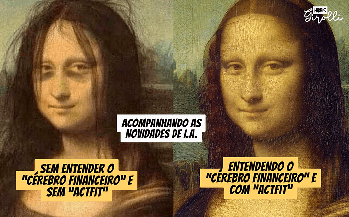 Comparação bem-humorada usando a Mona Lisa — à esquerda, sem entender o cérebro financeiro e sem ACTFIT; à direita, entendendo o cérebro financeiro e com ACTFIT